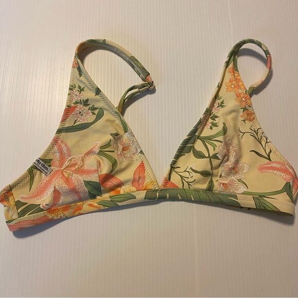 Lulus Rhythm Barbados Light Yellow Floral Print Bikini Top swimsuit non padded L - Picture 2 of 7
